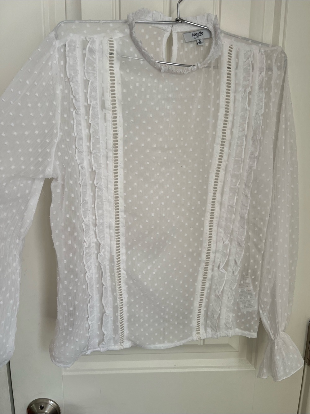 Kensie White Swiss Dot Ruffle Mock Neck Sheer Long Sleeve Blouse